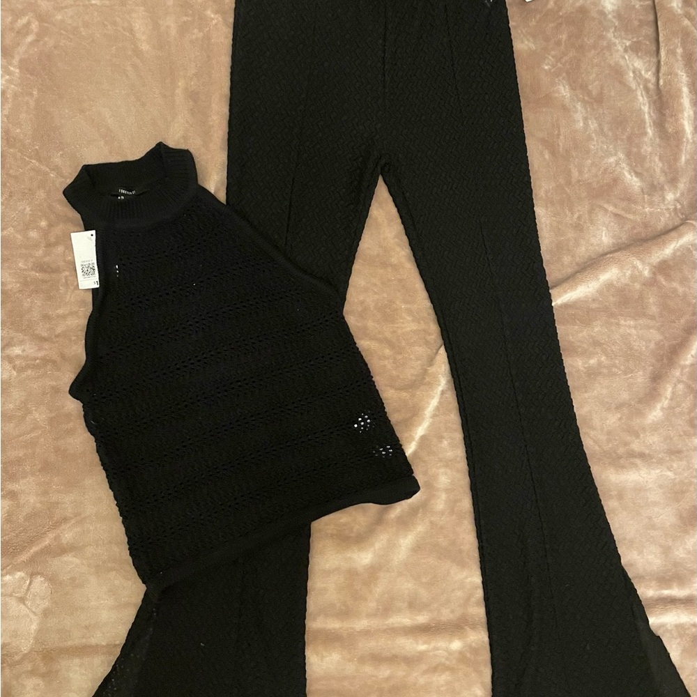 Black Knit Sleeveless Top with Black Flare Pants Set